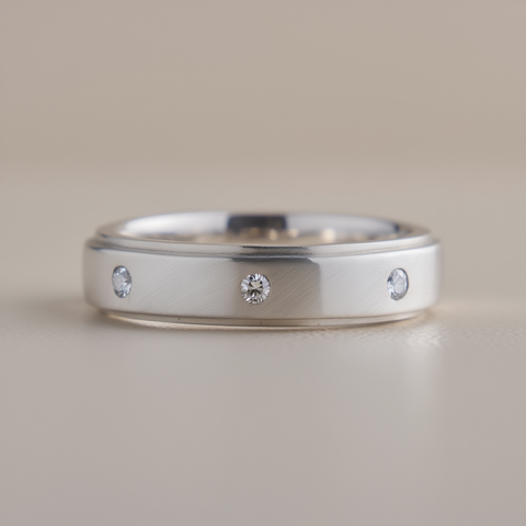 Silver ring with embedded diamonds on a beige background