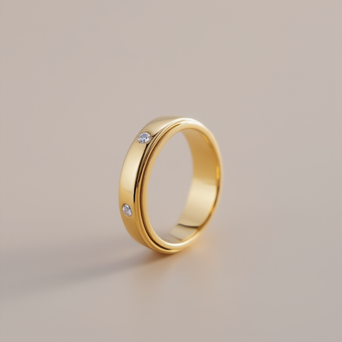 Gold ring with embedded diamonds on a beige background