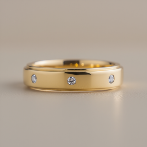 Gold ring with three diamonds on a beige background