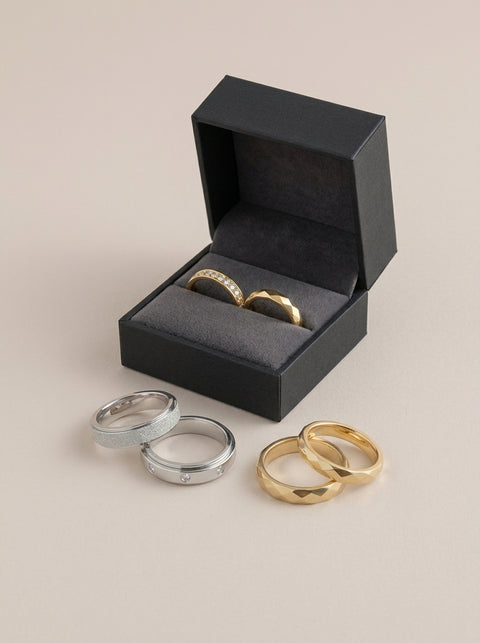 Set of gold and silver rings in an open black box on a beige background