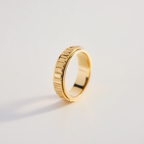 Gold ring with a textured band on a light gray background