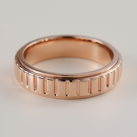 Rose gold ring with textured design on a light gray background