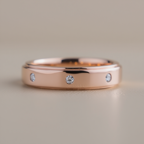 Rose gold ring with embedded diamonds on a neutral background