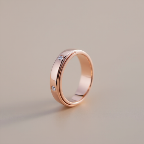 Rose gold ring with embedded diamonds on a beige background