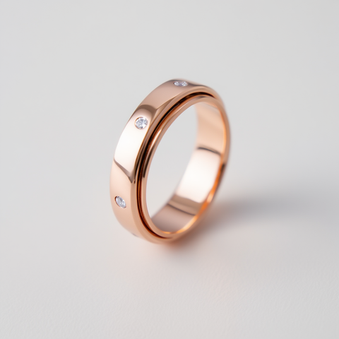 Rose gold ring with embedded diamonds on a light gray background