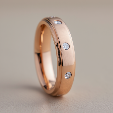 Rose gold ring with embedded diamonds on a neutral background