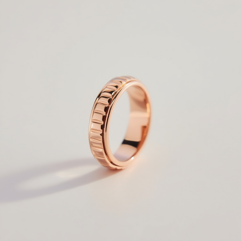 Rose gold ring with a textured design on a light gray background