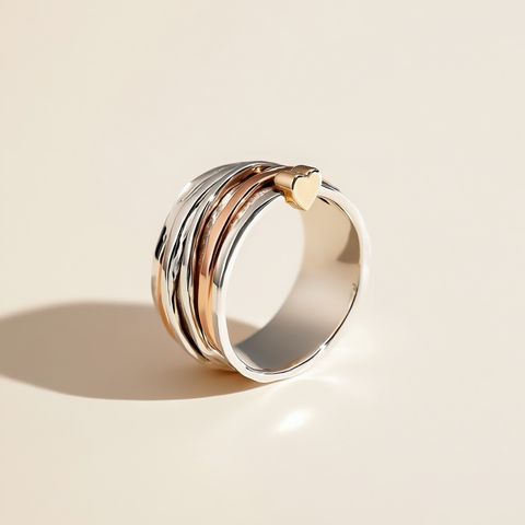 Three-band ring with gold, rose gold, and silver finish on a beige background