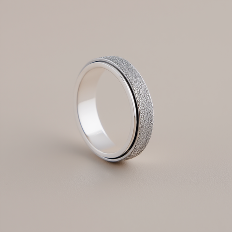 Silver ring with textured band on a beige background