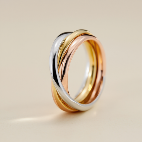 Three interlocking gold rings on a beige background