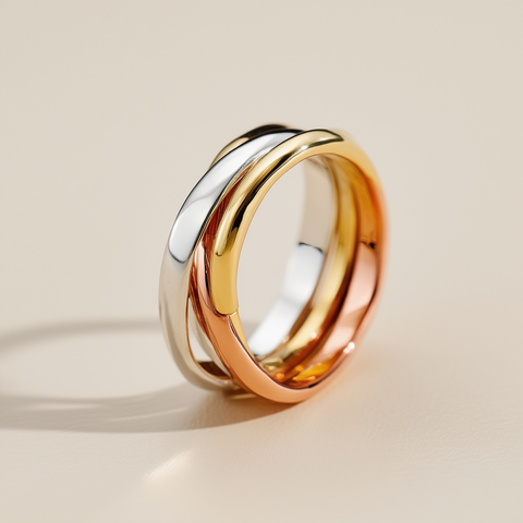 Three gold rings of different colors on a beige background